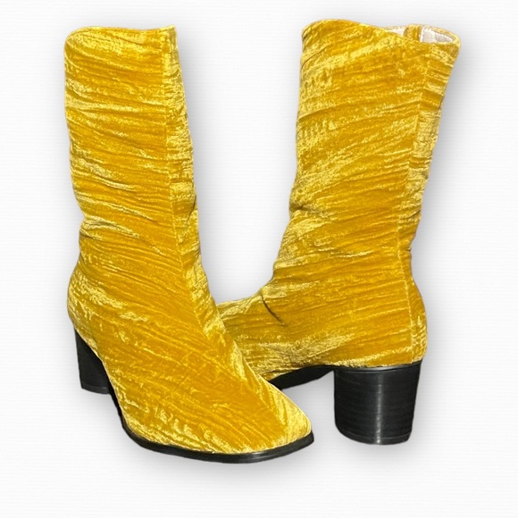 Anthropologie Shoes - NEW! Anthropologie “INTENTIONALLY BLANK” Hype Golden Velvet Mid Calf Boots Sz 10